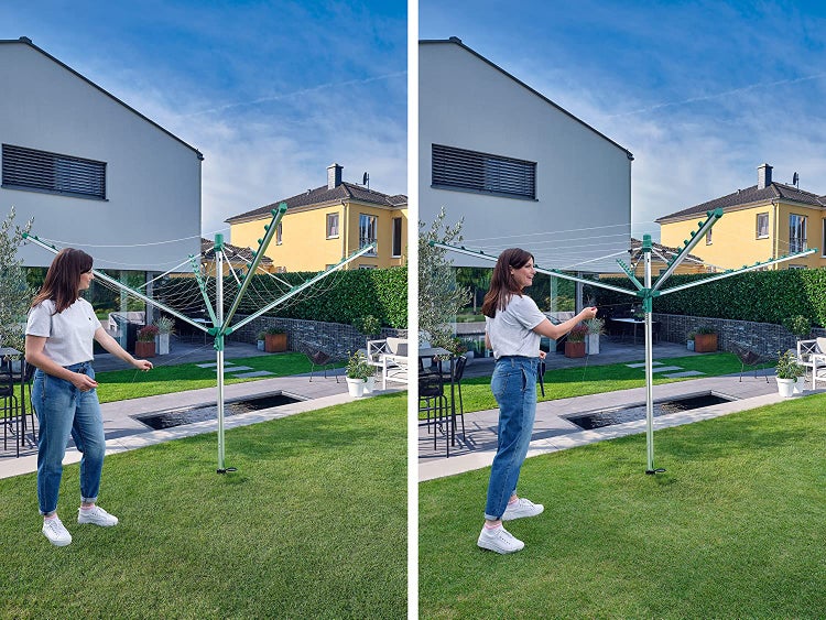 Leifheit Wäschespinne Linomatic V400 mit Leinenautomatik für saubere Leinen, 40m Leinenlänge für 4 Waschmaschinenladungen, mit Easy-Lift-System für leichtes Öffnen, inkl. Bodenhülse und Wäscheklammern