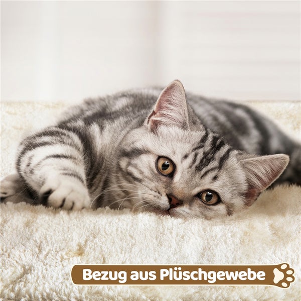 Eine getigerte Katze liegt auf einem Plüschbezug