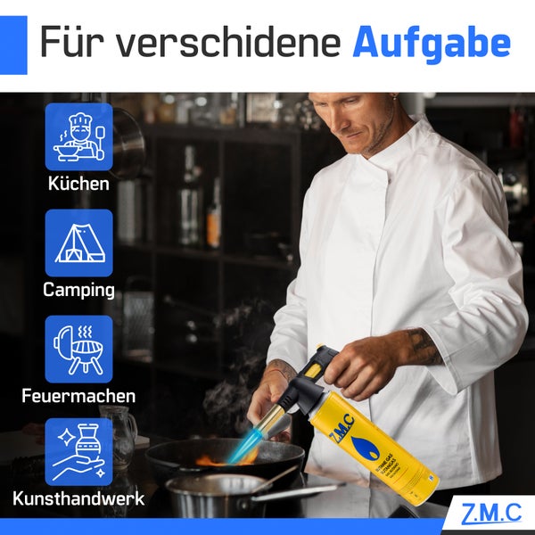 Z.M.C Gasbrenner 1,5 kW, Flambierbrenner bis zu 1350°C, Bunsenbrenner Lötbrenner, Creme Brulee Brenner, Küchenbrenner mit einstellbare Flamme, Brenneraufsatz