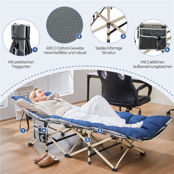 Feldbett mit Oxford Gewebe, X-förmiger Struktur und Aufbewahrungstaschen