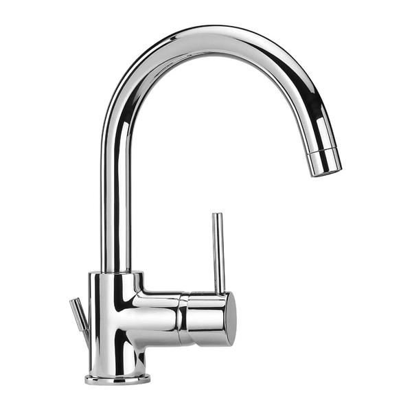 Moderne Einhebel-Küchenarmatur mit hohem, gebogenem C-Auslauf und seitlichem Hebel, verchromte Oberfläche.