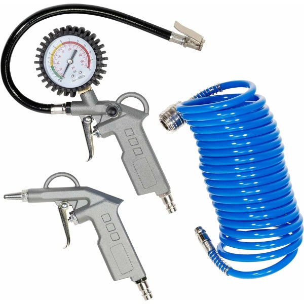 Druckluft-Zubehörset bestehend aus Reifenfüllmesser mit Manometer, Ausblaspistole und blauem Spiralschlauch.