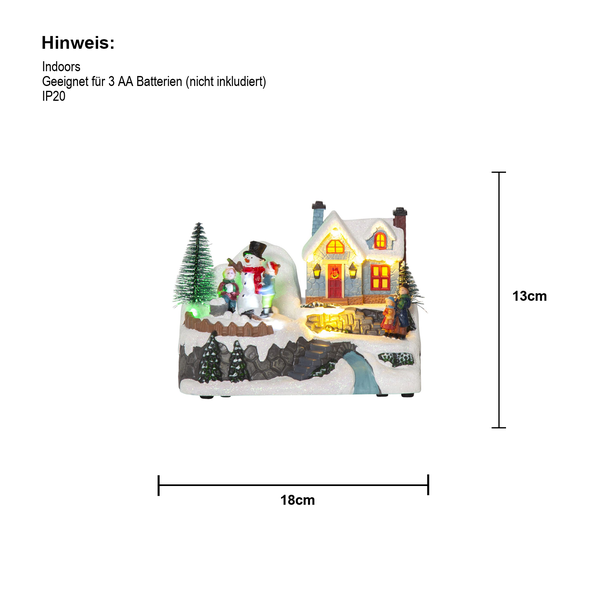 Dekorative Schneelandschaft mit Haus, Schneemann und Beleuchtung für den Innenbereich, circa 18 cm breit und 13 cm hoch