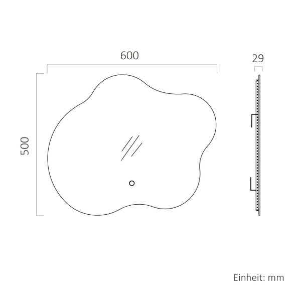 Technische Zeichnung beleuchteter organisch geformter Spiegel mit Touch-Sensor: Breite 600 Millimeter, Höhe 500 Millimeter, Tiefe 29 Millimeter.