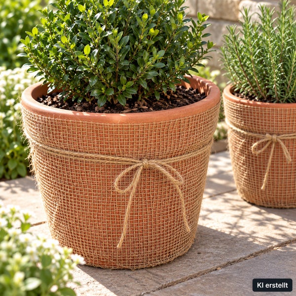 Zwei Tontöpfe bepflanzt mit Buchsbaum und Rosmarin, umwickelt mit Jute und dekoriert mit einer Schleife aus Jutekordel für den Gartenbereich.
