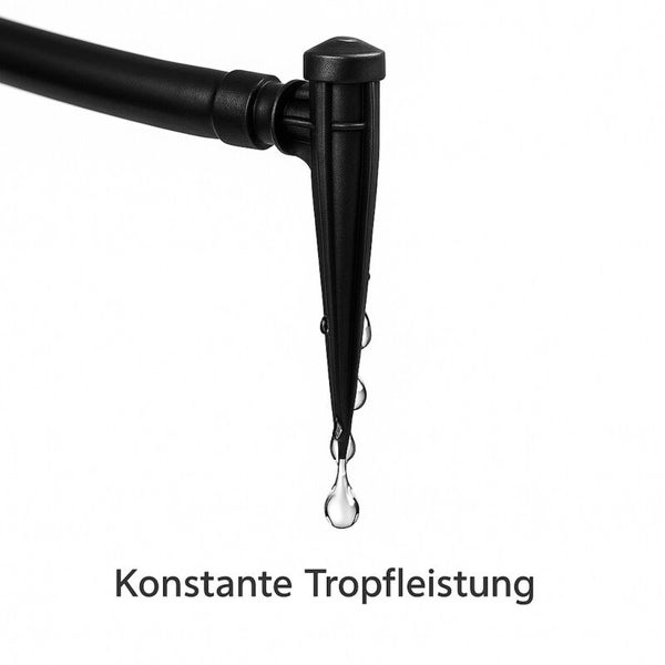 Schwarzer Tropfer für Micro-Drip-System mit konstanten Wassertropfen für eine gleichmäßige Bewässerung.