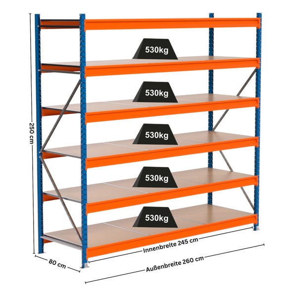 Regal mit fünf Ablageflächen und Gewichtsangabe