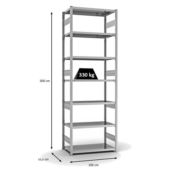 PROREGAL Fachbodenregal Stecksystem T-Profil Heavy-Duty Grundregal HxBxT 300 x 100 x 50 cm 7 Ebenen Fachlast 330 kg Beidseitig Nutzbar Verzinkt