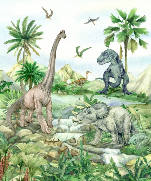 Illustration einer Dinosaurierlandschaft mit verschiedenen Dinosaurierarten und tropischer Vegetation