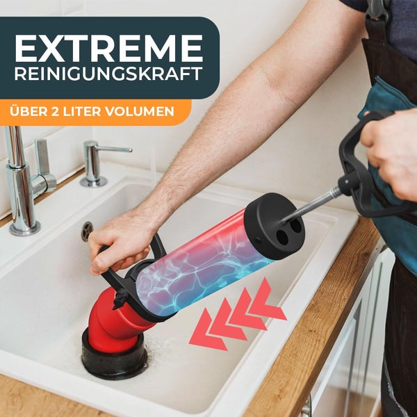 Handbetriebene Rohrreinigungspumpe mit über 2 Liter Volumen wird in einem Spülbecken zur Abflussreinigung verwendet.