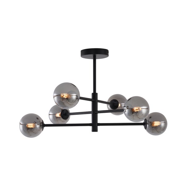 Deckenleuchte mit sechs Glaskugeln und schwarzem Gestell