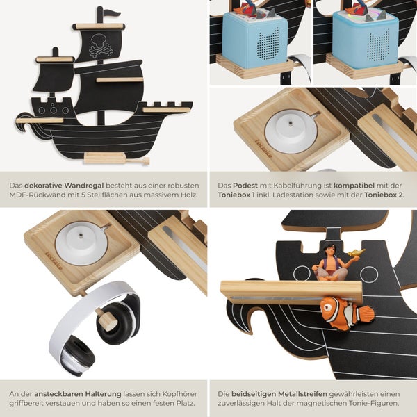 Wandregal für Toniebox in Form eines Piratenschiffs aus MDF und Massivholz mit integrierter Halterung für Toniefiguren und Kopfhörer.