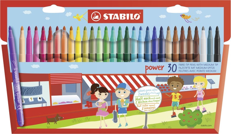 Stabilo Power Stiften 30 Stuck 30 Filzstifte in Etui, In 30 Farben, Robuste M-Spitze mit einer Strichstärke von rund 2 mm, Austrocknungsschutz: 8 Wochen