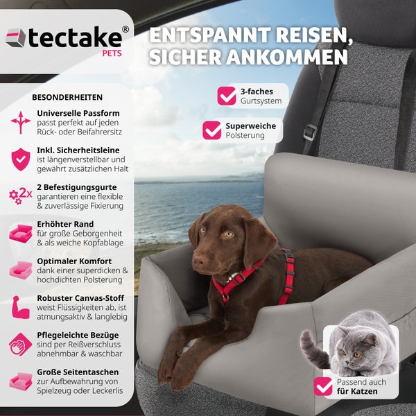 Hundeautositz tectake Milow 55 x 50 x 29 cm mit Sicherheitsleine und 2 Befestigungsgurten, längenverstellbar grau
