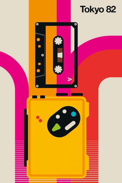 Grafik eines Kassettenrekorders und einer Kassette mit dem Schriftzug Tokyo 82