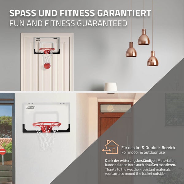 Hauki Mini Basketballkorb fürs Zimmer im Set 3 Bälle Ø16cm, Netz, Pumpe, 58x40 cm, Weiß, tragbar, Backboard Tür/Wandmontage, ohne Bohren, Indoor Basketball Hoop hängend, Hängebrett Basketballbrett
