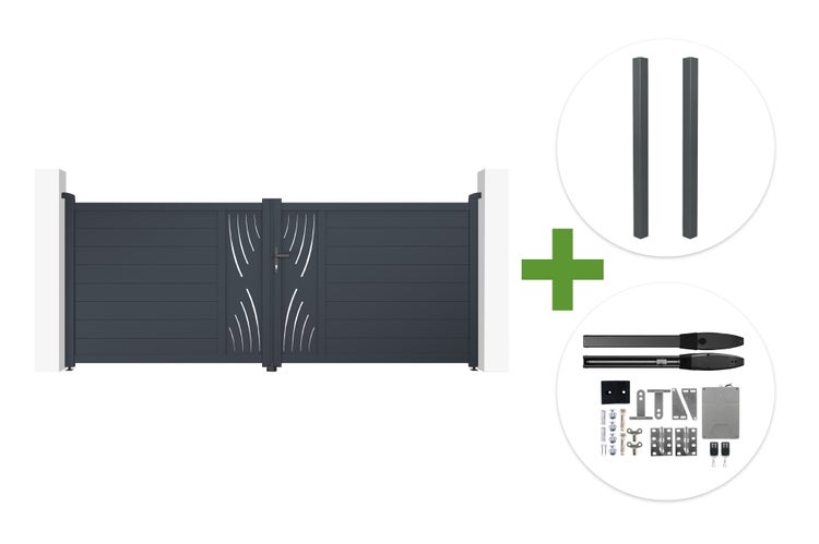 Zweiflügeliges Drehtor Set inklusive zwei Pfosten und elektrischem Torantrieb mit Zubehör.