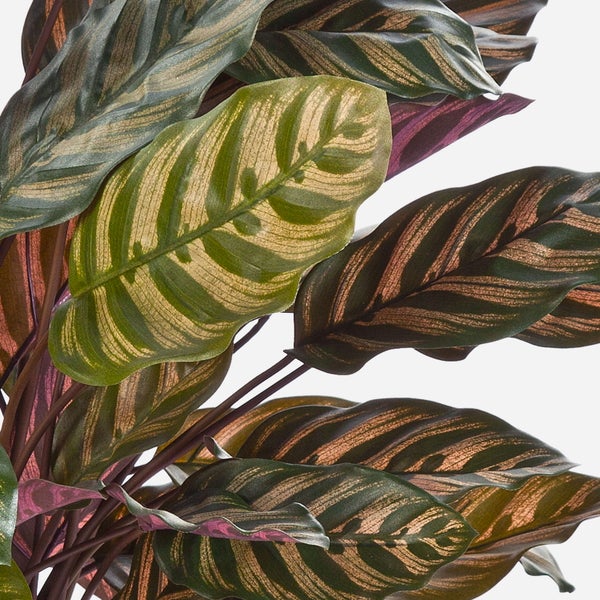 Detailansicht einer Kunstpflanze mit kleinen länglichen grünen Blättern aus Kunststoff.