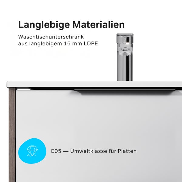 Waschtischunterschrank aus langlebigem 16 mm LDPE Material mit einer E05 Umweltklasse für Platten und Wasserhahn.