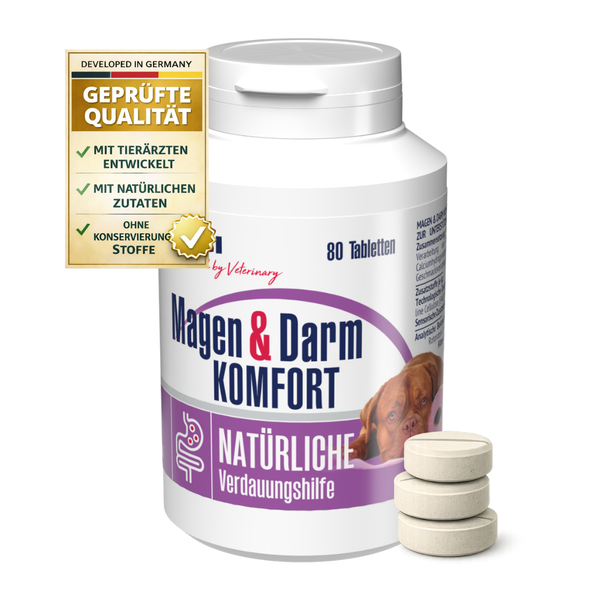 Weiße Dose mit 80 Tabletten Magen und Darm Komfort für Hunde, natürliche Verdauungshilfe, entwickelt mit Tierärzten, geprüftes Qualitätssiegel.