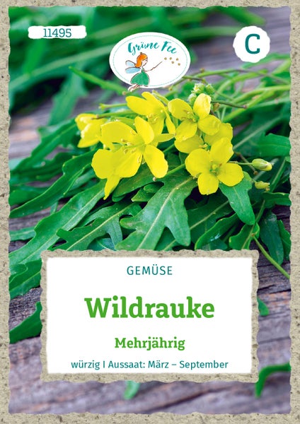 Samen für mehrjährige Wildrauke der Marke Grüne Fee, Abbildung der Pflanze mit gelben Blüten, Aussaat von März bis September, Grüne Fee Logo.