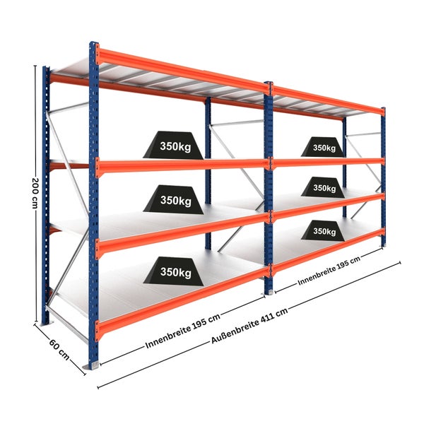 Schwerlastregal mit 4 Ebenen und einer Tragkraft von 350 Kilogramm pro Boden, Metallkonstruktion in Blau und Orange.