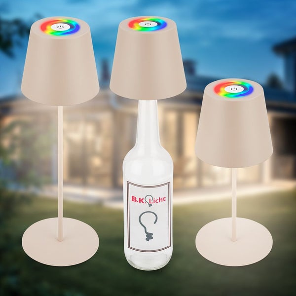 B.K. Licht LED-Tischleuchten und Flaschenaufsatz mit RGB-Farbring und Touch-Funktion.