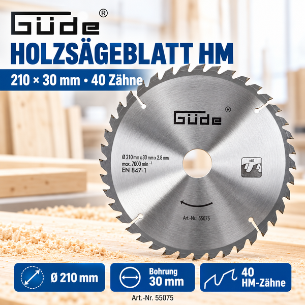 Guede hartmetallbestuecktes Holzsaegeblatt mit 210 Millimeter Durchmesser, 30 Millimeter Bohrung und 40 Zaehnen fuer praezise Holzschnitte.
