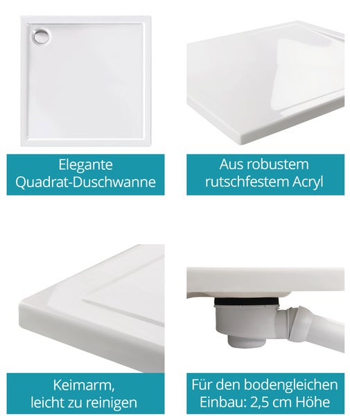 Viereckige Duschwanne aus Acryl mit Ablaufgarnitur für bodengleichen Einbau und einfache Reinigung
