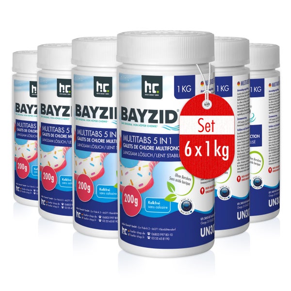 Set mit sechs Behältern Bayzid Multitabs 5 in 1, langsam löslich, kalkfrei, je 1 Kilogramm