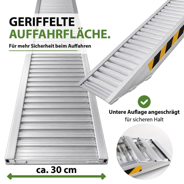 Auffahrschiene aus Aluminium mit geriffelter Oberfläche und abgeschrägter Auflagefläche für sicheren Halt bei einer Breite von 30 Zentimetern.