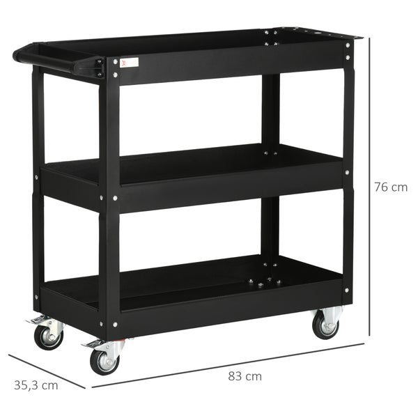 DURHAND Werkstattwagen mit 3 Etagen, Werkzeugwagen leer, Transportwagen mit seitlicher Griff, 4 Rollen, bis 150 kg Tragkraft, Stahl, 83 x 35,3 x 76 cm, Schwarz