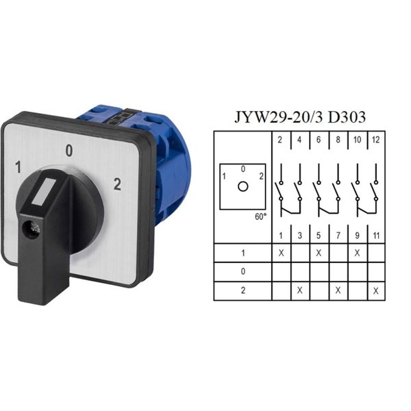 Nockenschalter JYW29-20-3 D303 mit drei Schaltstellungen 0, 1 und 2 und technischem Schaltplan.