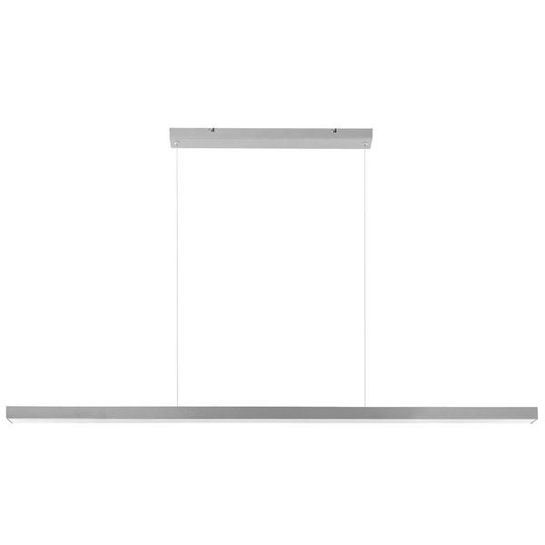 Moderne lineare LED-Pendelleuchte mit schmalem rechteckigem Lichtbalken und passender Deckenhalterung.
