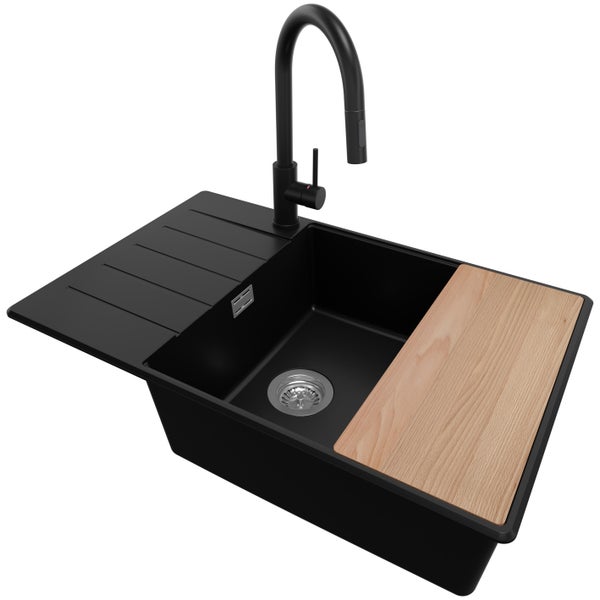 PRIMAGRAN Granitspüle Schwarz 78x50cm, Spülbecken 1 Becken + Küchenarmatur 40x20cm + Ablauf-Set + Schneidebrett, Küchenspüle ab 60er Unterschrank - Kopenhagen