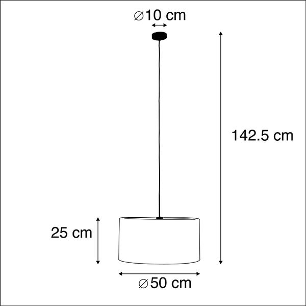 Skizze einer Pendelleuchte mit Maßen: Gesamthöhe 142,5 Zentimeter, Schirmdurchmesser 50 Zentimeter, Schirmhöhe 25 Zentimeter.