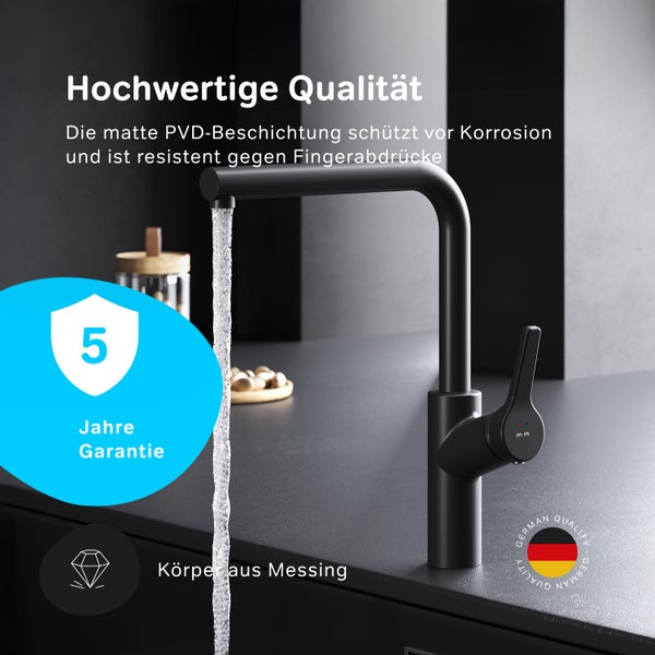 Moderne schwarze Küchenarmatur mit PVD Beschichtung, Messingkörper und 5 Jahren Garantie.