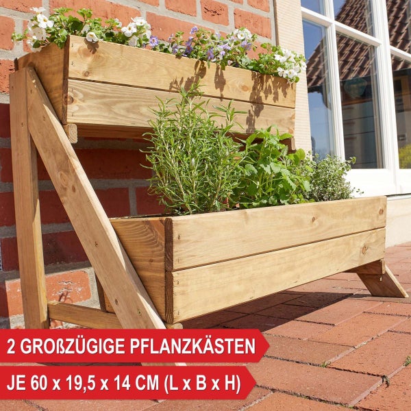 Zweistufige Pflanztreppe aus Holz mit zwei Blumenkästen für Kräuter und Pflanzen.