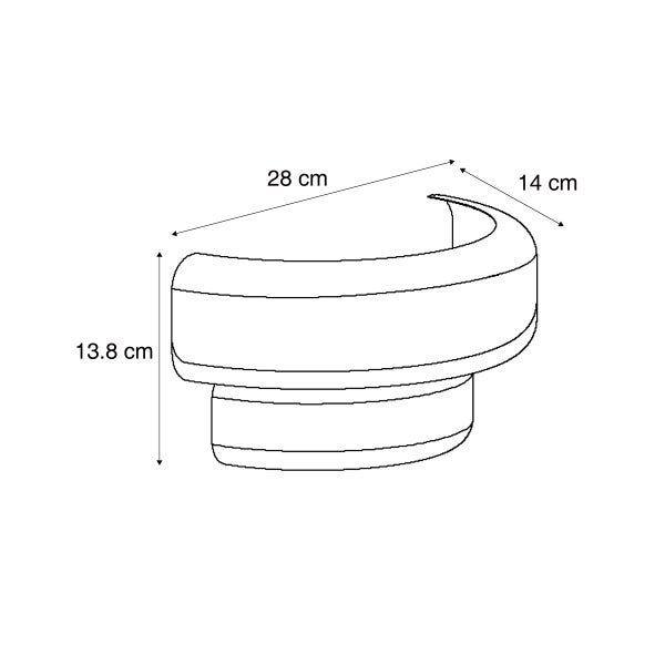 Technische Zeichnung einer Wandleuchte mit den Maßen 28 cm Breite, 14 cm Tiefe und 13.8 cm Höhe