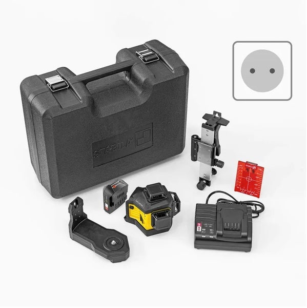 Stabila Multilinien-Laser Set inklusive Koffer, Akku, Ladegerät, Wandhalterung, Zielplatte und Haltevorrichtung. Symbol für Netzanschluss.