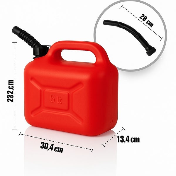 Kraftstoffkanister mit 5 Liter Fassungsvermögen inklusive flexiblem Einfüllstutzen und Maßangaben in Zentimeter.