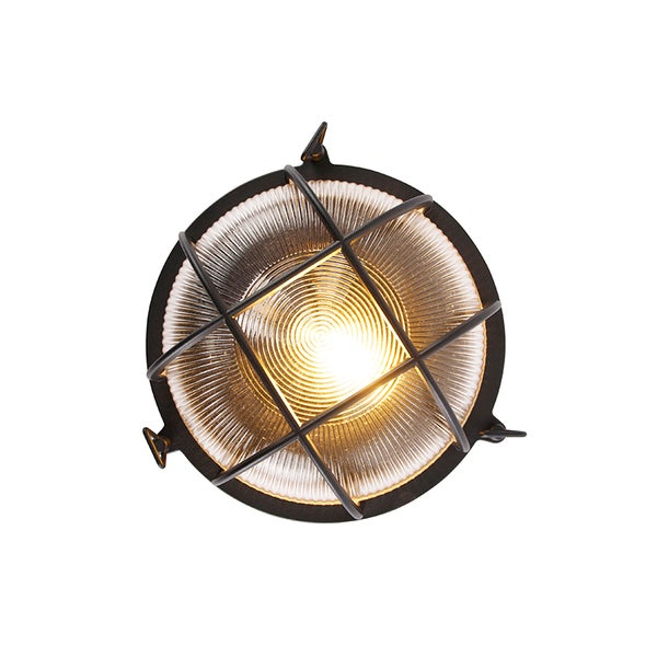 Runde Außenwandleuchte mit schwarzem Metallkäfig und geriffeltem Glas, beleuchtet.
