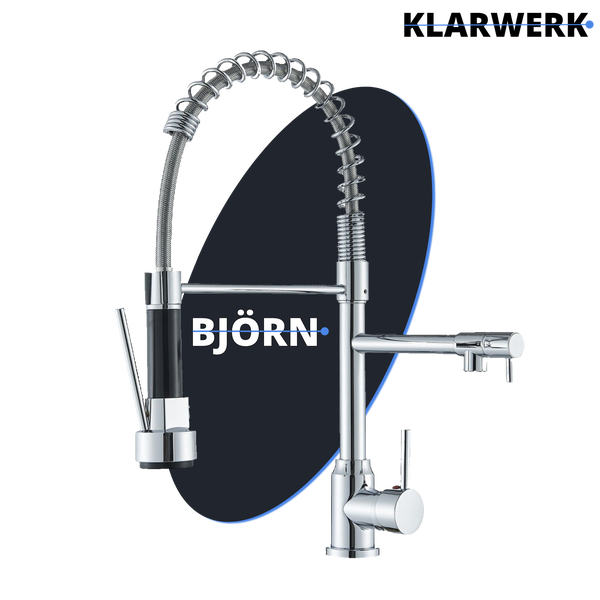 Björn Küchenarmatur mit flexibler Spiralfeder, ausziehbarer Brause und zusätzlichem schwenkbarem Auslauf.