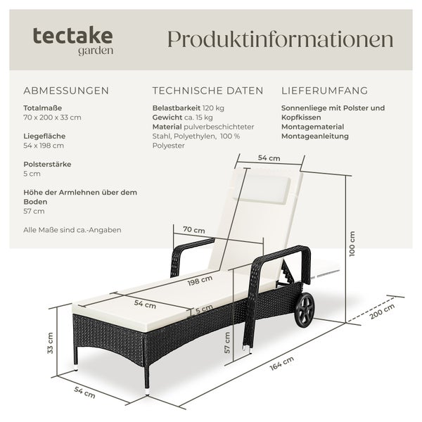 Rattan Sonnenliege tectake  200 x 70 x 33 cm widerstandsfähig schwarz/beige