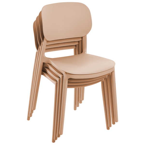 Stapelbare Gartenstühle aus Kunststoff, beige, modernes Design mit abgerundeter Rückenlehne.