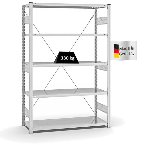 PROREGAL Fachbodenregal Stecksystem T-Profil Heavy-Duty Grundregal HxBxT 200 x 130 x 50 cm 5 Ebenen Fachlast 330 kg Einseitig Nutzbar Lichtgrau