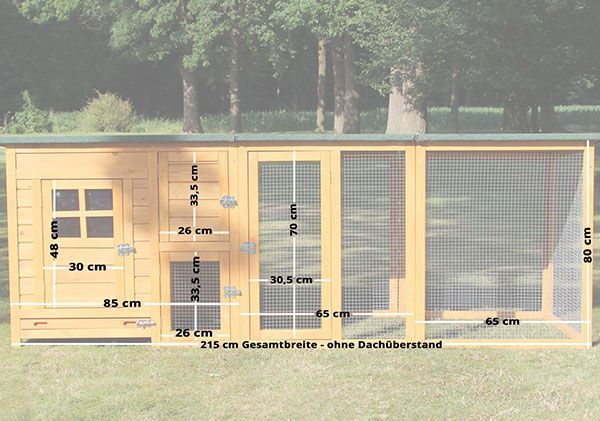 Kleintierstall aus Holz mit Freilaufgehege und Maßangaben in Zentimetern, Gesamtbreite 215 Zentimeter ohne Dachüberstand, Höhe 80 Zentimeter.