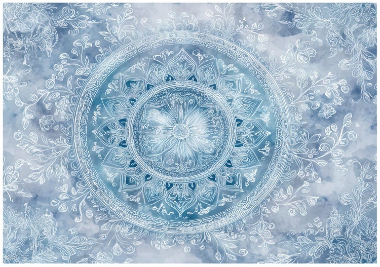 Fototapete mit Mandala-Muster und floralen Ornamenten im Aquarell-Stil.