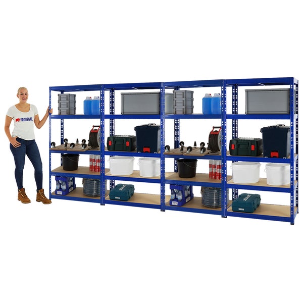 PROREGAL Mega Deal 4x Schwerlastregal Tiger HxBxT 180 x 90 x 45 cm Fachlast 265 kg 5-Ebenen Blau