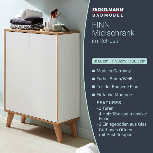 FACKELMANN FINN Badmöbel Set 2 Teile / Doppel-Midischrank mit Push-to-Open fürs Bad / 4 Holzfüße / Badschrank mit 2 Türen / Korpus & Front: Weiß / Rahmendekor & Füße: Braun hell / Breite: 60 cm
